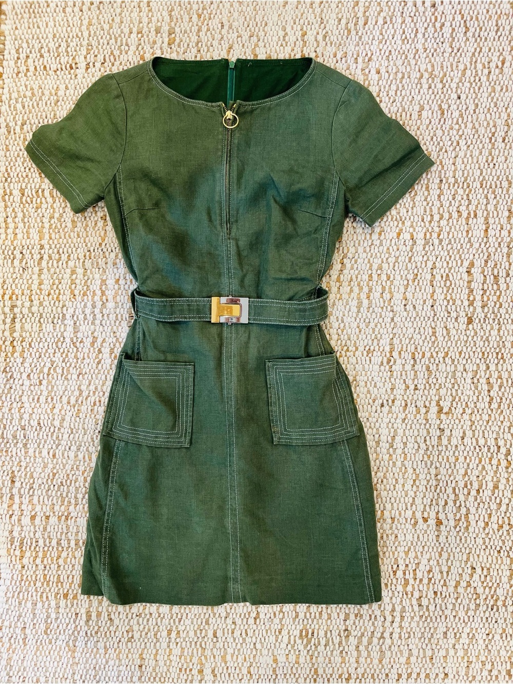 Tory Burch Forest Green Short-Sleeve Belted Mini Dress